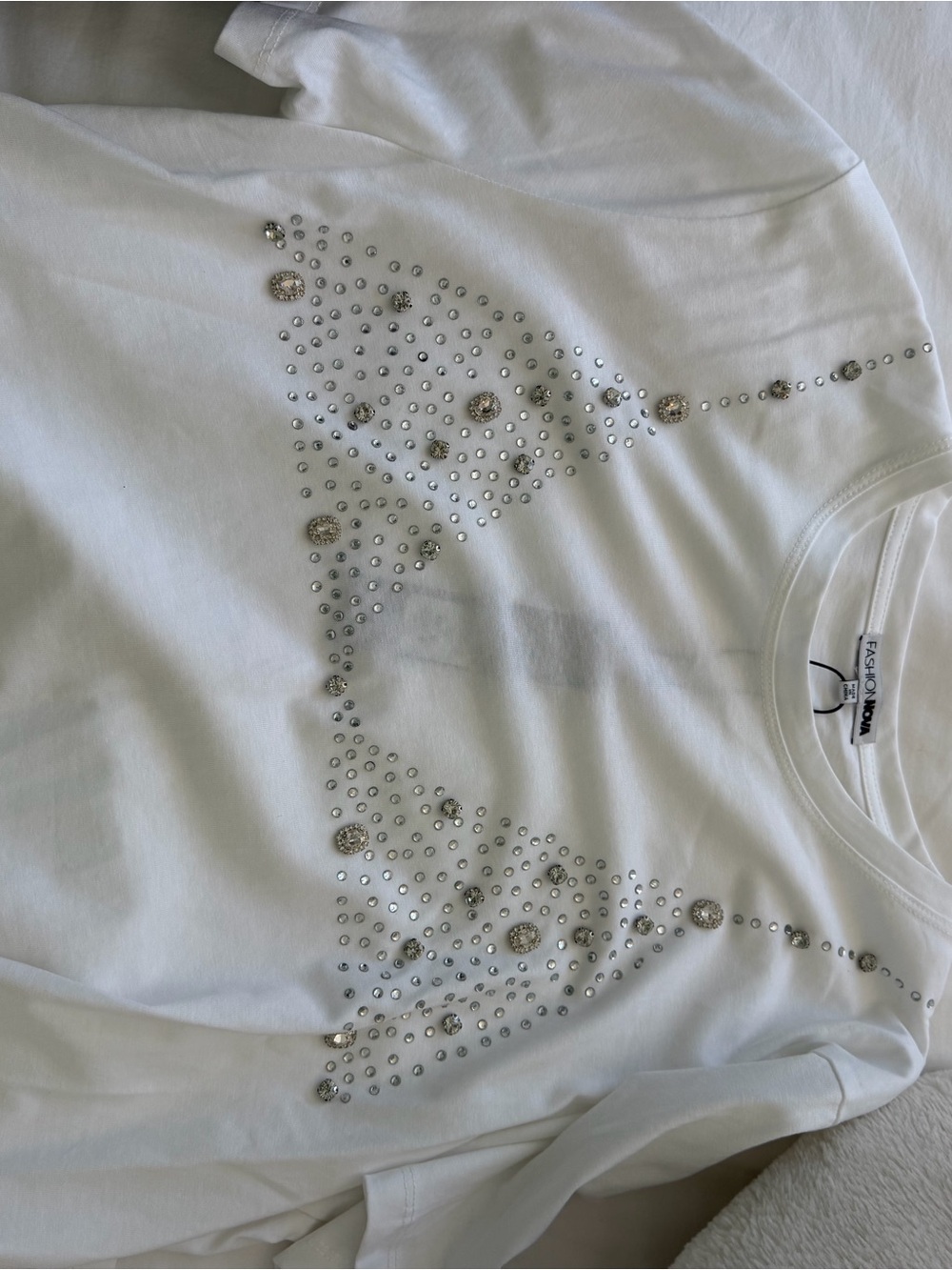 Fashion Nova White Embellished Crystal Tee